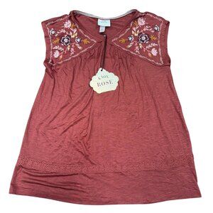 Knox Rose Embroidered Sleeveless Top XS Rayon/Spandex Blend Burgundy Boho Style
